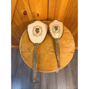 Vintage Vanity Set Mirror Brush Gold Plated Raised Flowers Embossed Handles (681